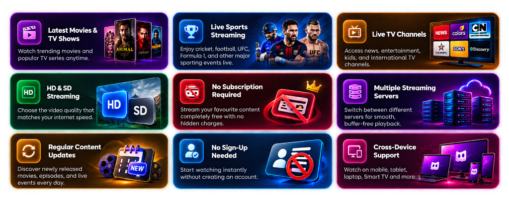 MovieZila app features grid — 9 reasons to choose the MovieZila Android streaming app: Latest Movies & TV Shows with trending movies and popular series, Live Sports Streaming for cricket football UFC and Formula 1, Live TV Channels with news kids entertainment and international channels, HD & SD Streaming quality for any internet speed, No Subscription Required, Multiple Streaming Servers for buffer-free playback, Regular Content Updates with new movies daily, No Sign-Up Needed to start watching instantly, and Cross-Device Support on mobile tablet laptop and Smart TV