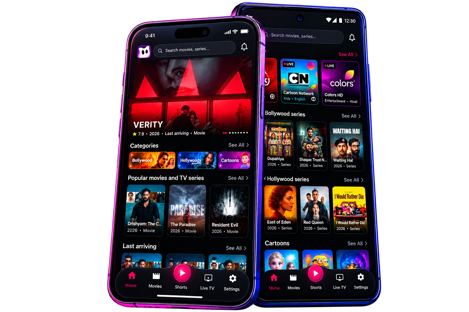 MovieZila streaming app running on an Android smartphone — neon-lit phone mockup showing the MovieZila app screen with movies, web series and live TV on mobile, showing how the free MovieZila Android app looks and works on a phone