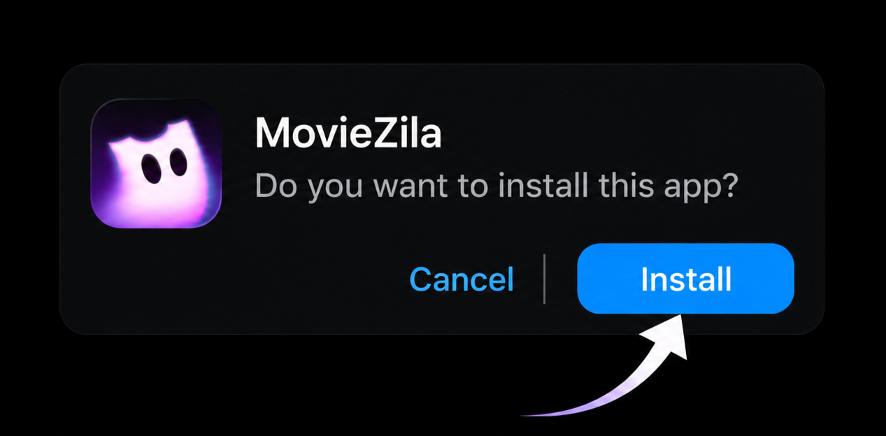 Installing the MovieZila APK on an Android phone — the MovieZila app installation screen with the Install button, Android setting up the MovieZila streaming app in a few seconds, step 3 of the installation guide