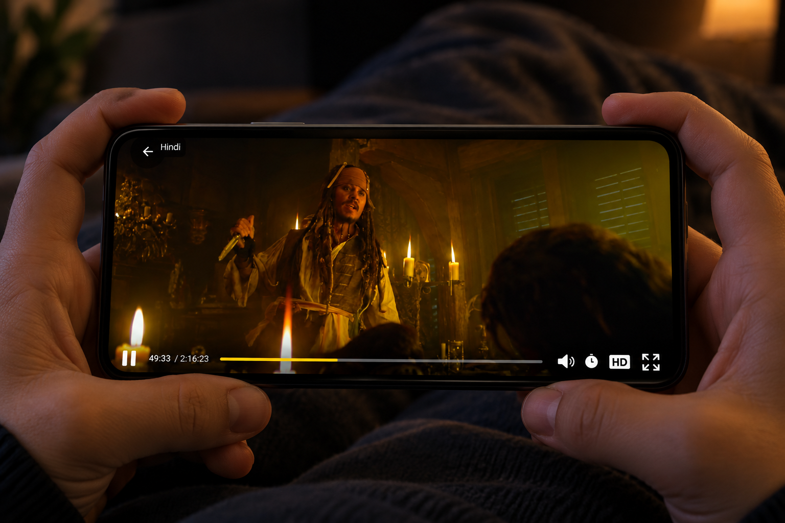 Instant streaming in 4K on MovieZila — a movie playing full screen in the MovieZila HD video player on an Android phone, step 3: playback starts in seconds with no signup, no ads and no subscription